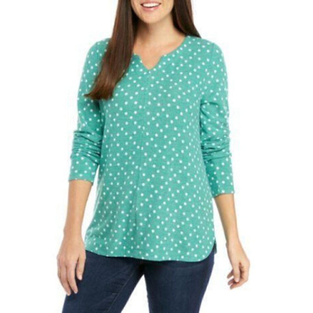 🌺 Kim Rogers Split Neck Soft Polka Dot Teal Hacci Long Sleeve Top Size S NWT